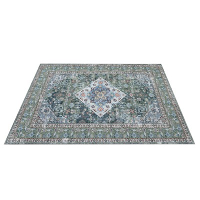 Washable Oriental Area Rug with Vintage Floral Print, Stain-Resistant, Non-Slip Rubber Backing for Living Room, Bedroom, Dining, Home & Office Use