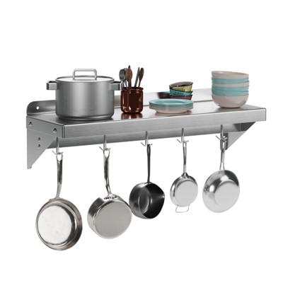 12" x 24" NSF Certified Stainless Steel Wall Mount Shelf - Multifunctional Metal Storage Rack with Backsplash and 5 Hooks