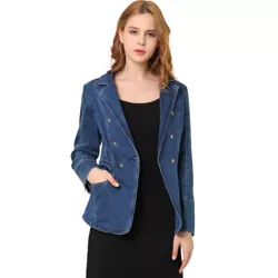 Allegra K Women's Jean Blazer Lapel Long Sleeve Work Office Denim Jacket with Pockets Dark Blue Large
