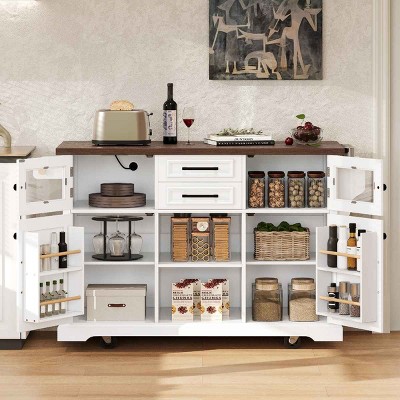 Kitchen Island with Drop Leaf and Power Outlet, Kitchen Island with 4 Barn Doors and 2 Drawers, MDF Frame Kitchen Island-Coolbibila