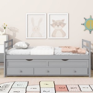 Gulches Twin Size Bed with Headboard, Footboard, Trundle and Three Storage Drawers, Twin Size Pine Wood Bed with Headboard, Footboard,Grey - 1 of 4