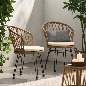 VASIP Set of 2 Rattan Dining Chairs with Water-Resistant Cushions and Sturdy Frame, Outdoor Wicker Patio Seating for Kitchen Patio Deck - 1 of 4
