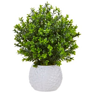 Nearly Natural Boxwood Evergreen Artificial Plant in White Vase (Indoor/Outdoor) - 1 of 2