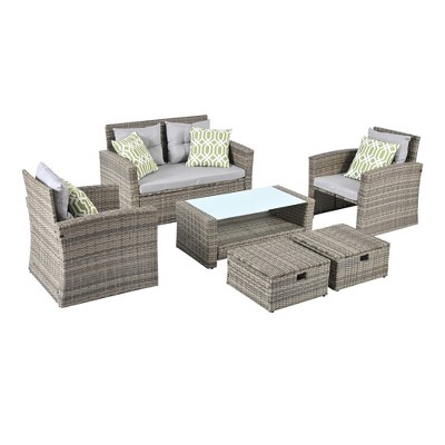 Maggift 6PCS Patio Seating Rattan Furniture Set Sectional Sofa Cushioned Garden, Tempered Glass Table, Gray, 50"*28.7"*31.1"