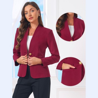 Женские пиджаки INSPIRE CHIC Women's Business Casual Lightweight Collarless Single Breast Long Sleeve Blazer Large Wine Red — фото 2