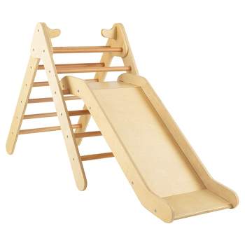 Costway 2-in-1 Wooden Climbing Triangle Set Triangle Climber w/ Ramp Natural