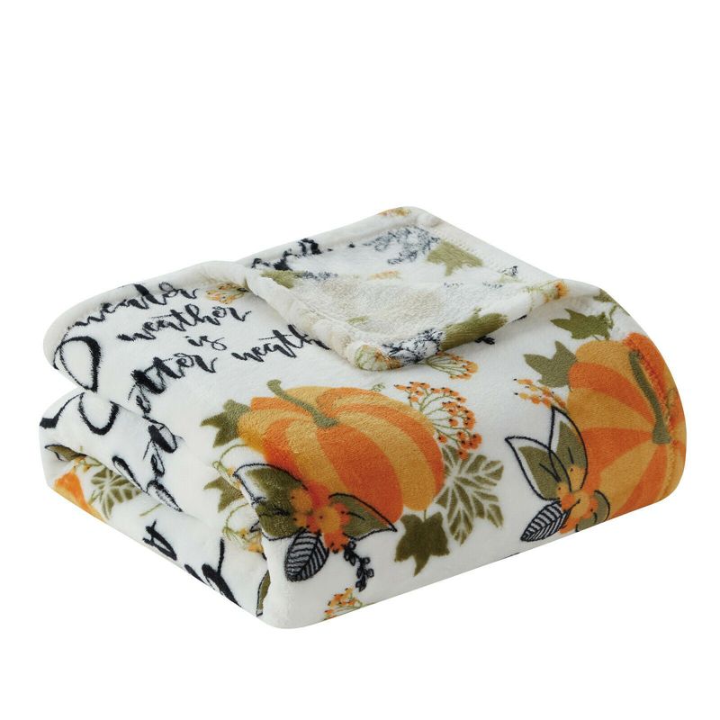 Kate Aurora Harvest Time Autumn Floral Give Thanks Ultra Soft & Plush Oversized Accent Throw Blanket - White, 3 of 4