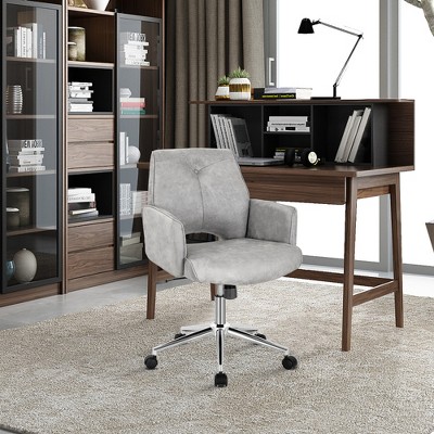 Gray Leather Mid Back Swivel Task Chair with Adjustable Arms