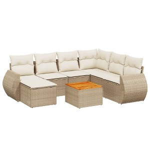 vidaXL 8 Piece Patio Sofa Set with Cushions Beige Poly Rattan - Table + 3x middle + corner - 1 of 4