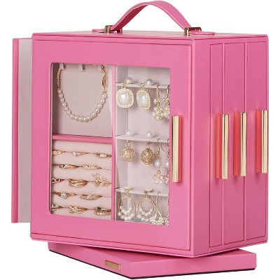 Jewelry Box 360° Rotating, Necklace Earring Organizer with Transparent Window, Mirror, 7 Drawers