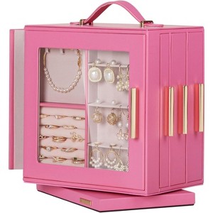 Jewelry Box 360° Rotating, Necklace Earring Organizer with Transparent Window, Mirror, 7 Drawers - 1 of 4