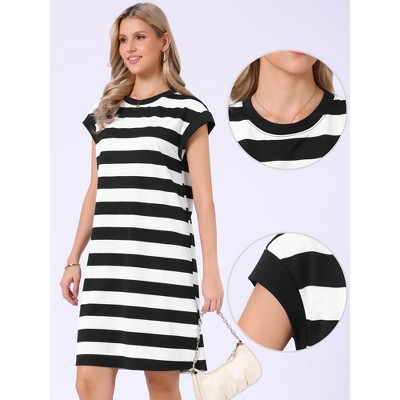 Женские платья INSPIRE CHIC Women's Striped Crew Neck Cap Sleeve Color Block Casual Summer Shift Mini Dresses Small Black and White — фото 2