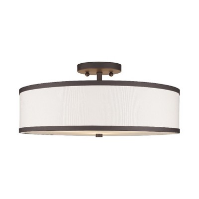 Bronze Contemporary 3-Light Semi-Flush Mount with Off-White Fabric Shade
