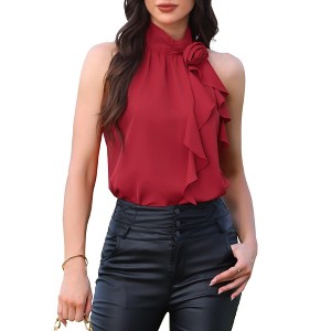 INSPIRE CHIC Women's Halter Neck 3D Floral Ruffle Sleeveless Summer Dressy Casual Blouses - 1 of 4