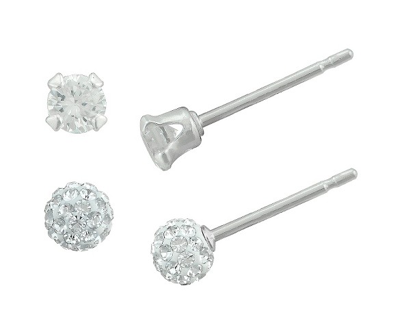 Girls' Sterling Silver Round Cubic Zirconia Stud and Crystal Ball Stud Set - White (4mm)