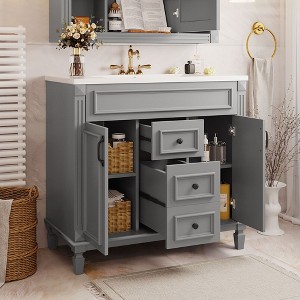 Okak 36" Bathroom Vanity with Ceramic Sink Modern Multi-function Bathroom Cabinet with 2 Soft Closing Doors and 2 Drawers Solid Wood Frame - 1 of 4