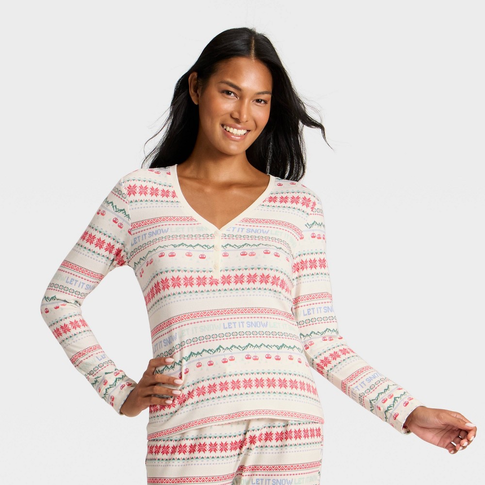 Women's "Let it Snow" Fair Isle Cozy Knit Long Sleeve Henley Holiday Matching Family Pajama Shirt - Wondershop™ Cream L
