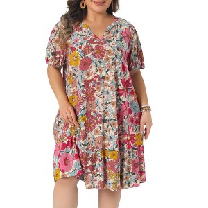 Women's Plus Size Floral Print Boho V Neck Short Sleeve Flowy Beach Vacation Midi Sundress with Pocket- Agnes Orinda - 1 of 4