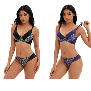 INSPIRE CHIC 2 Pcs Women's Floral Mesh Push-Up Underwire Lace Bra and Underwear Sets - 1 of 4
