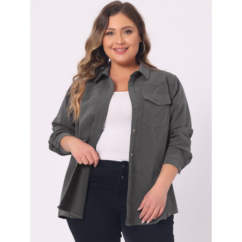 Agnes Orinda Women's Plus Size Business Casual Trendy Button Down Long Sleeve Fall Denim Shirts, 3 of 7