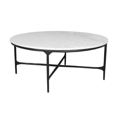 HomeRoots 55" White and Black Genuine Marble and Iron Round Cross Legs Coffee Table