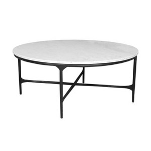 HomeRoots 55" White and Black Genuine Marble and Iron Round Cross Legs Coffee Table - 1 of 4