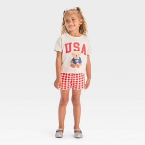 Toddler Girls' 2pc Americana USA Teddy Bear Short Sleeve T-Shirt and Gingham Shorts Set - Red - 1 of 4
