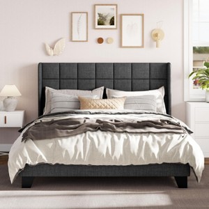 Allewie Platform Bed Frame with Wingback, Fabric Upholstered Square Stitched Headboard and Wooden Slats, Mattress Foundation, Box Spring Optional, Easy Assembly - 1 of 4