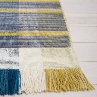 Beige and Teal Striped Wool Kilim Runner Rug