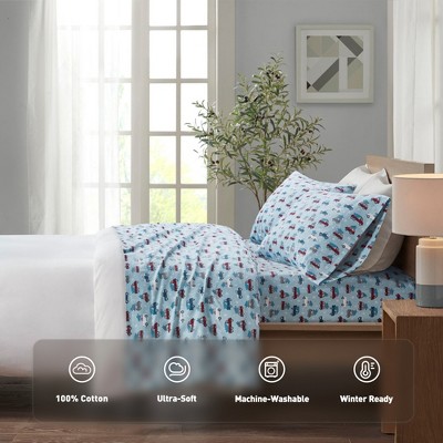 4 Pcs Ultra-Soft Novelty Printed Cotton Flannel Bedding Set, Premium Cozy Sheet Set for All Seasons, Queen / King Fitted Sheet, Flat Sheet
