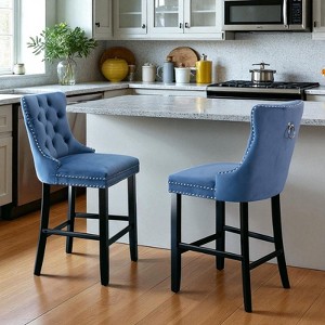 Mshliw Set of 2 Contemporary Velvet Upholstered Barstools with Tufted Back, Chrome Nailhead Trim and Solid Wood Legs for Kitchen and Home Bar - 1 of 4