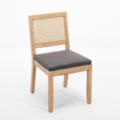 Homy Casa Set of 2 Wooden Dining Chairs with Rattan Back and Gray Upholstered Seat