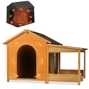 60" Wooden Dog House with Porch, Outdoor Cabin Style Dog Kennel with Asphalt Roof, Side Window, Doors and Elevated Floor for Medium Dogs - Koiai - 1 of 4