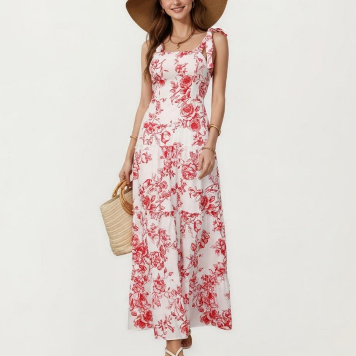 Anna-Kaci Women's Sleeveless Floral Maxi Dress with Ruffle Strap Detail Square Neck and Tiered Skirt Flowy Design