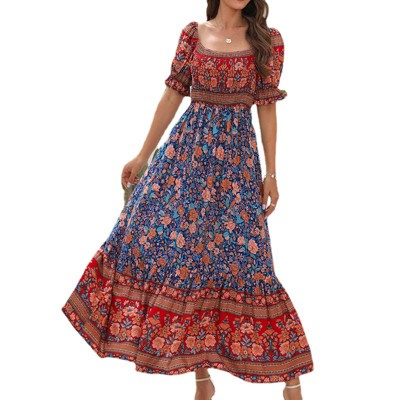 Dresses for Women Boho Floral Print One Shoulder Puff Short Sleeve Ruched High Waist Flowy Vacation Summer Maxi Dress