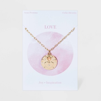 Heart Medallion with Semi-Precious Stone Chain Pendant Necklace - Gold