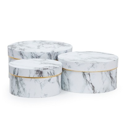 Juvale 3 Piece Round Gift Boxes with Lids, White Marble Cardboard Box Set in 3 Sizes