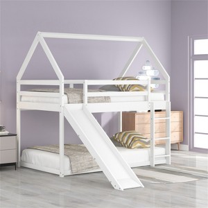 RISOKEYS Twin Size Bunk House Bed with Slide and Ladder, Floor Bunk Bed with Wood House Bunk Bed House Design - White - 1 of 4