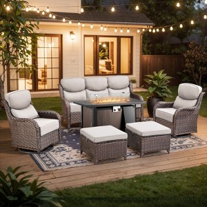 Outdoor Patio Furniture Set with Propane  Fire Pit Table - PE Wicker Patio Conversation Sets - 7 Seats Outdoor Sectional Chair Sofa Set - 1 of 4