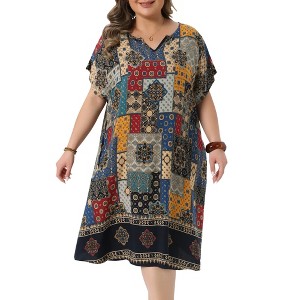 Women's Plus Size Bohe Floral Print V Neck Short Sleeve Beach Summer Casual Midi Dresses with Pocket - Agnes Orinda - 1 of 4