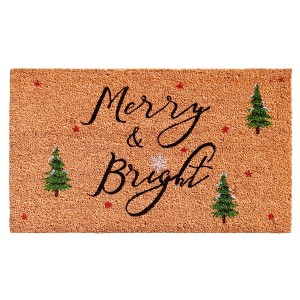 HomeRoots 36" X 72" Brown Black And Green Christmas Merry and Bright Outdoor Coir Door Mat - 1 of 4