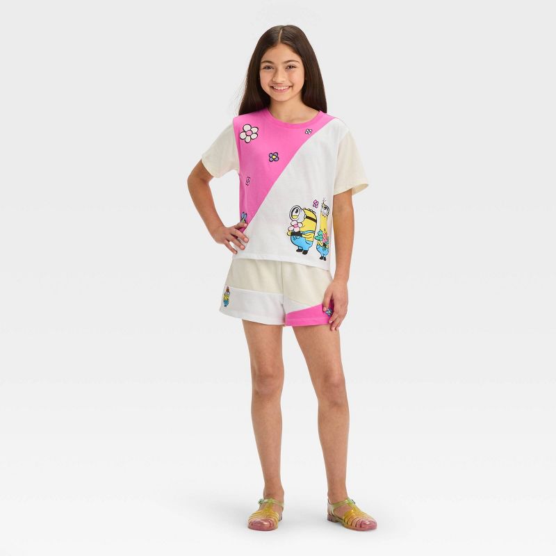 Girls&#39; Minions 2pc Top and Bottom Shorts Set - Ivory/White/Pink, 1 of 5