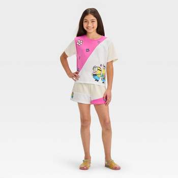 Girls' Minions 2pc Top and Bottom Shorts Set - Ivory/White/Pink
