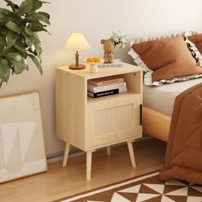 LIVAREEmlen 22.83''H Rattan Nightstand,Side Table with Door Open Shelf, Accent Bedside End Table with Solid Wood Legs,Oak