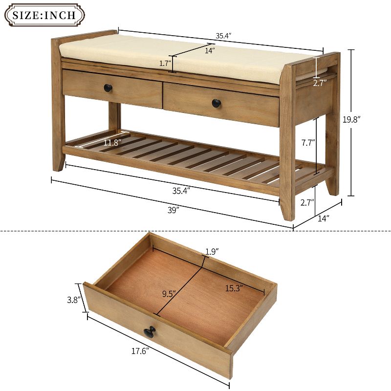 Entryway Storage Bench with Cushioned Seat, Shoe Rack and Drawers-ModernLuxe, 3 of 9