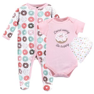 Hudson Baby Infant Girl Cotton Sleep and Play, Bodysuit and Bandana Bib Set, Donut Worry - 1 of 4