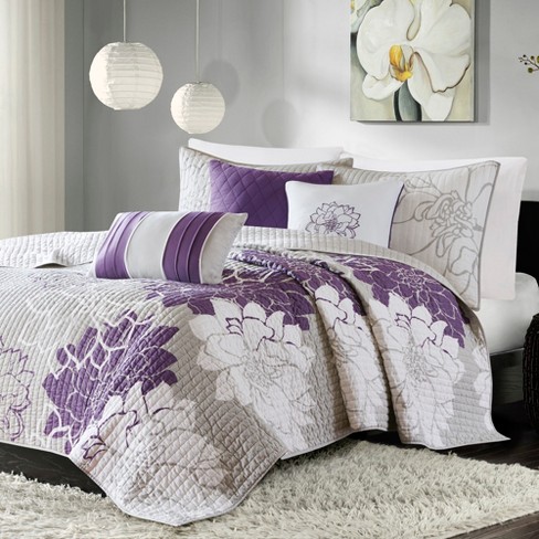 Victoria 6 Piece Quilted Coverlet Set Gray Purple Full Queen