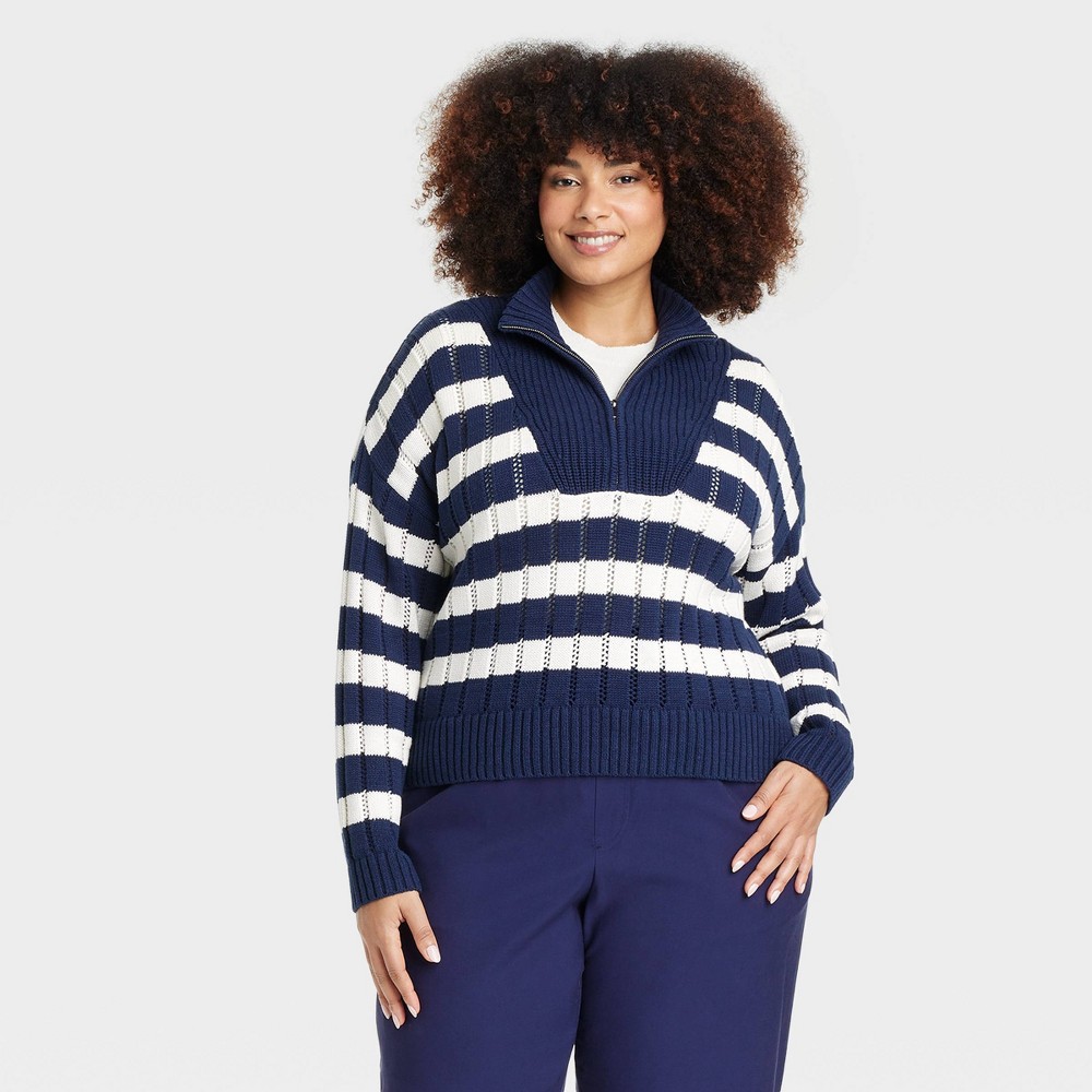 Women's Mock Turtleneck Quarter Zip Pullover Sweater - A New Day™ Navy/Cream Striped XXL