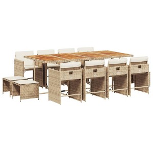 vidaXL 13-Piece Patio Dining Set - Beige Poly Rattan Furniture with Cushions - Compact Storage - Acacia Wood Table - 1 of 4