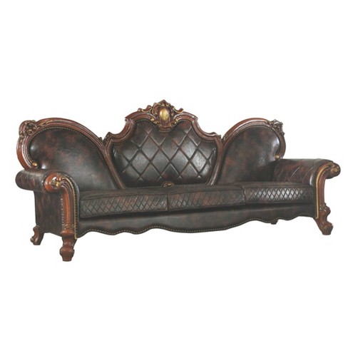 Carved Faux Leather Sofa With 5 Pillows, Brown Faux Leather Sofa